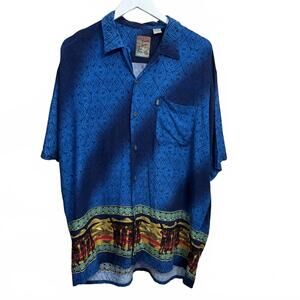 VTG Pineapple Connection Hawaiian Shirt XL Blue Rayon Hula Dancer Border Print